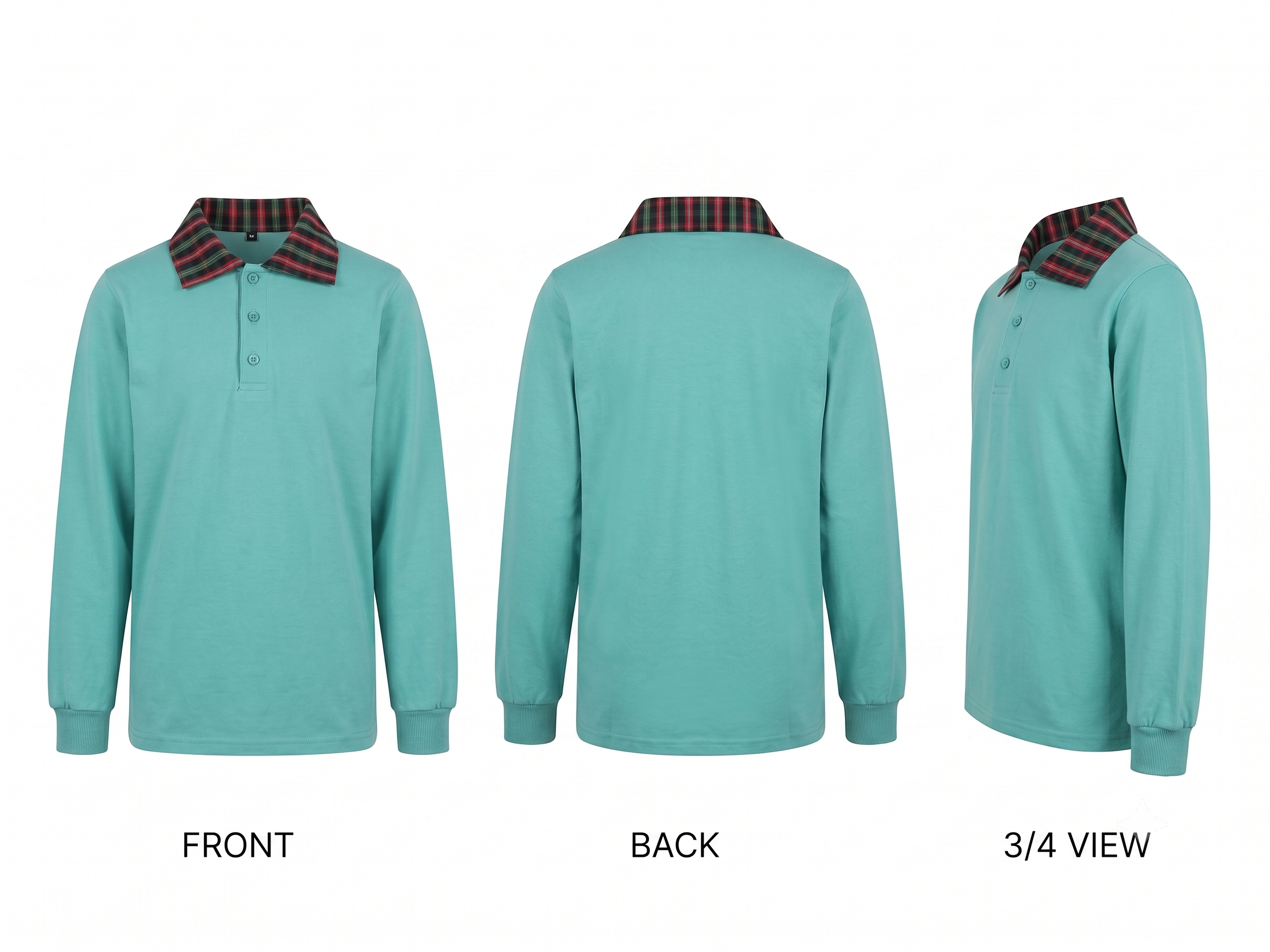 Turquoise Long-Sleeve Polo with Tartan Collar
